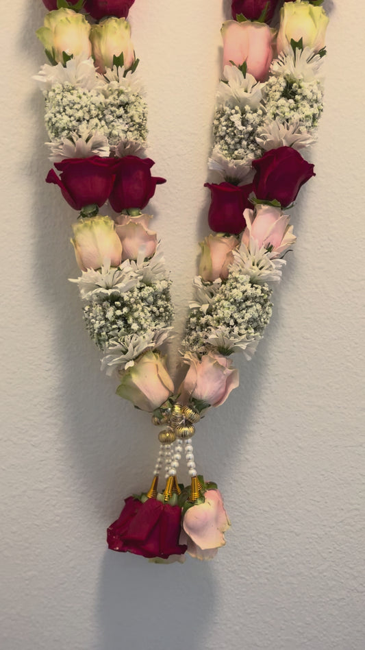 Fresh Flower Garlands – Light Pink, Red Roses, Chamanthi & Baby's Breath - Customization Available